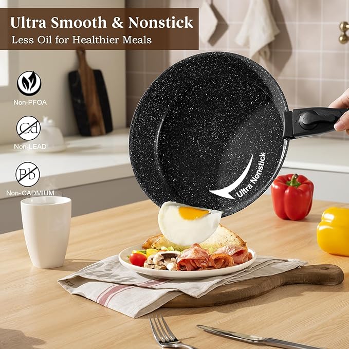 20 Pcs Pots and Pans Set Non Stick, Stackable Cookware Sets with Detachable Handle, Granite Induction RV Kitchen Portable Cooking Set Removable Handles, Dishwasher & Oven Safe, Black