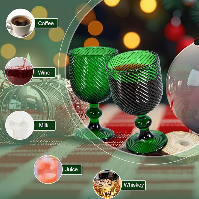 Vintage Wine Glasses Set of 6, 12 OZ Christmas Green Glass Water Goblets, Embossed Floral Decorative Crystal Glass Cups Set, Dishwasher Safe, for Wedding, Party, Red Wine Glass, Bars, Restaurants