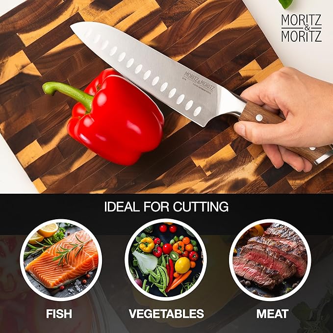 Moritz & Moritz 7-Inch Santoku Knife β Japanese Chef Knife with German Steel Blade, Acacia Wood Handle, Professional Kitchen Knives for Meat, Vegetables, Sushi, Chopping & Slicing