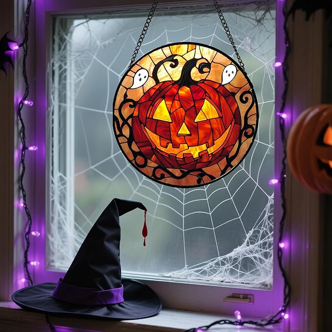 Stained Glass Window Hanging - Halloween Decorations Evil Pumpkin Orange Suncatcher for Doors Garden Indoor Funny Spooky Sun Catchers Gothic Decor Horror Gifts for Women Men Friend 11.8 in