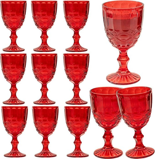 12 Pcs Vintage Wine Glasses, 10 Ounces Colored Glass Water Goblets, Unique Embossed Pattern High Clear Stemmed Glassware Wedding Party Bar Glass Drinking Cups, Floral Red Glasses Set of 12