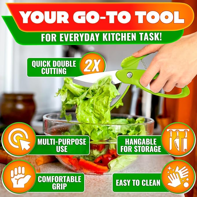Salad Scissors for Chopped Salad – Multiblade Food Scissor Chopper With Spring-Loaded System & Anti-Slash Head for Fast Double Cutting – 8.9" Handy Size Lettuce Chopper, Stainless Steel Blades