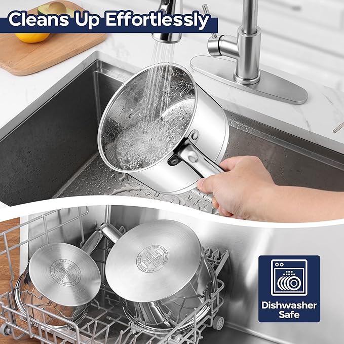 LIANYU Stainless Steel Saucepan Set, 1QT & 3QT Sauce Pan with Lid, Multipurpose Cooking Pot Set, Triply Bottom Milk Sauce Pan for Home Kitchen, All Stove Compatible, Dishwasher Safe