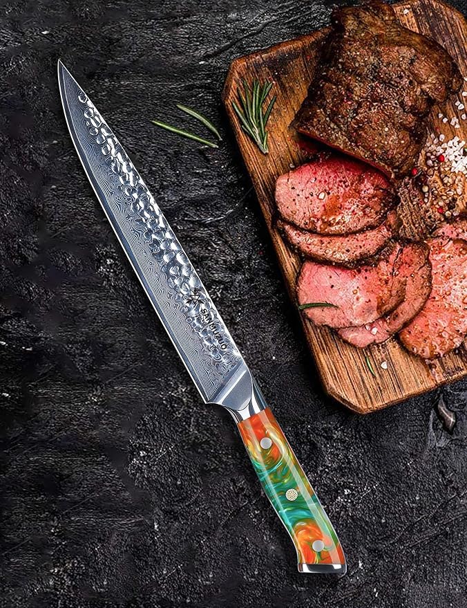 9 Inch Carving Knife, Slicing Knife - Hammered Damascus Steel & Resin Handle - Yao Series