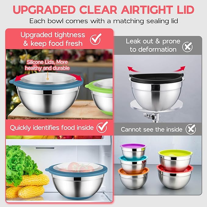 Onader Colorful Mixing Bowl Set of 6 for Kitchen, Large Stainless Steel Metal Nesting Mixing Bowls with Airtight Lids, Non Slip - Size 1, 1.5, 2, 2.6, 3.5, 7QT