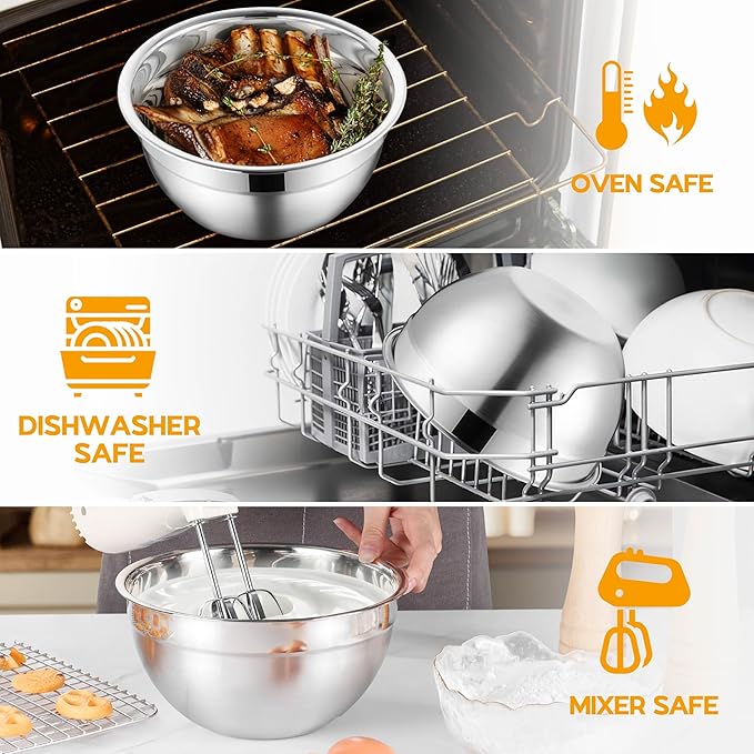 Onader Mixing Bowl Set of 5 for Kitchen, Stainless Steel Metal Nesting Mixing Bowls with Khaki Lids – Size 1.5, 2, 2.6, 3.5, 4.6QT