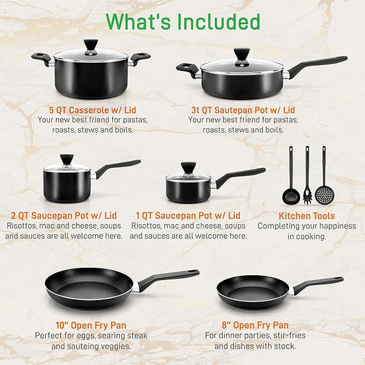 NutriChefKitchen 13-Piece Nonstick Kitchen Cookware Set -PTFE/PFOA/PFOS Free Heat Resistant Kitchen Ware Pots Pan Set w/ Saucepan,Frying Pans,Cooking Pots,Casserole,Lids,Ladle,Fork,Strainer-NCCWA13.5