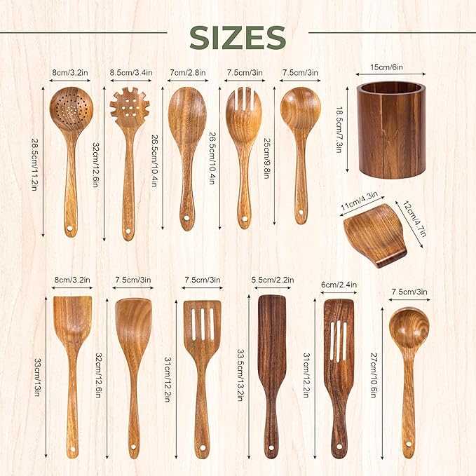 XXL Wooden Utensil Set – 13 Piece Acacia Wood Cooking Tools with Round Holder for Nonstick Cookware with Holder & Spoon Rest – Wooden Spoons for Cooking, Spatula, Spurtle