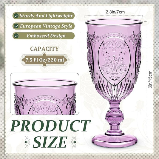 24 Pcs Plastic Goblets 7.5oz Vintage Goblet Plastic Wine Glasses Colored Retro Embossed Water Goblets for Wine Bar Juice Baby Shower Wedding Reception Grand Event Party (Purple)