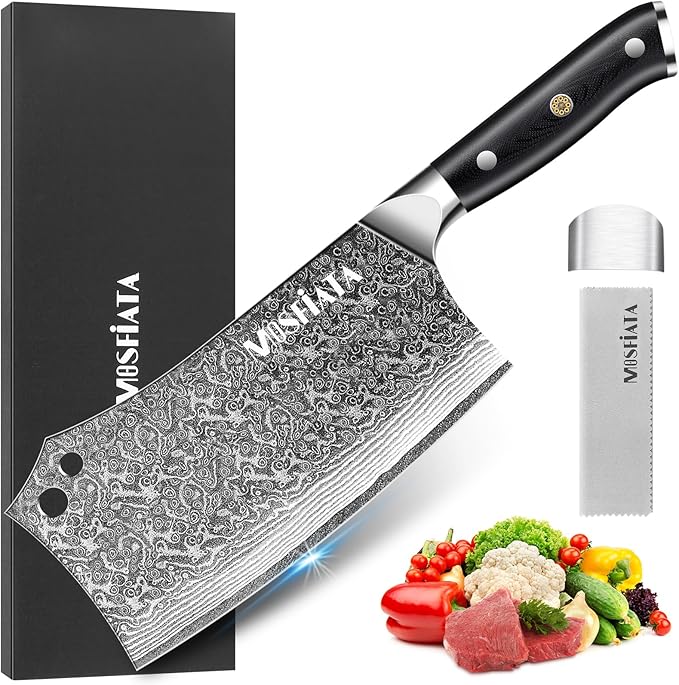 MOSFiATA Damascus 7” Cleaver Knife,Ultra Sharp Vegetable and Meat Butcher Knife with Finger Guard for Home Kitchen and Restaurant