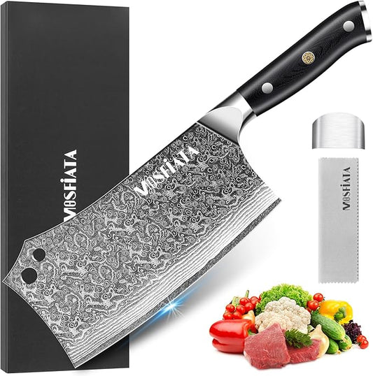 MOSFiATA Damascus 7” Cleaver Knife,Ultra Sharp Vegetable and Meat Butcher Knife with Finger Guard for Home Kitchen and Restaurant