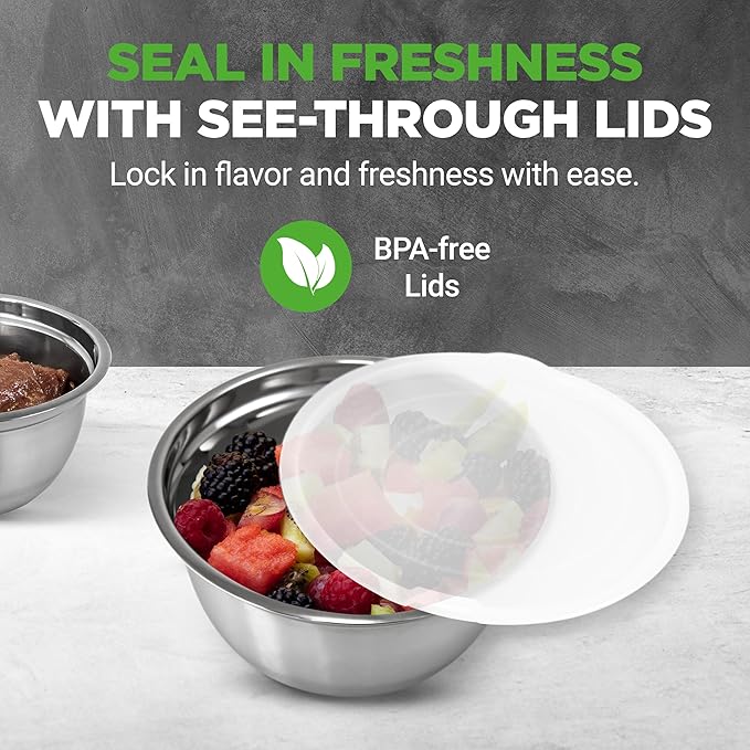 NutriChef 10 Piece Stainless Steel Mixing Bowls with Airtight Lids, Dishwasher Safe, 5 Stackable Nesting Bowls and 5 BPA-Free Lids for Kitchen, Cooking, Food Storage, Meal Prepping, Mixing & Serving