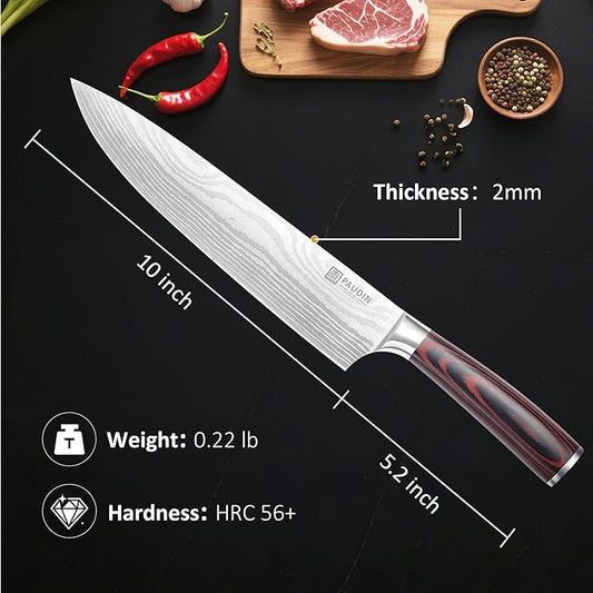 PAUDIN Chef Knife, 10 Inch Meat Knife, Ultra Sharp Brisket Slicing Knives, High Carbon Stainless Steel Kitchen Knife with Ergonomic Handle for BBQ, Roast, Meats and Vegetables