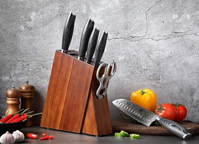 XINZUO Kitchen Knife Block Set,7-Piece Damascus Cooking Knife Set with Kitchen Shears for Professional Chefs and Home Cooking,Pakkawood Handle, Gift Box