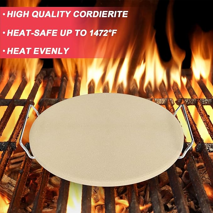 "DcYourHome 16 inch Round Pizza Stone with Rack for Oven, BBQ Grilling, Natural Cordierite Pizza Stone Kit with Pizza Peel & Plastic Scraper for Baking Bread, Universal High Temperature Baking Stone"
