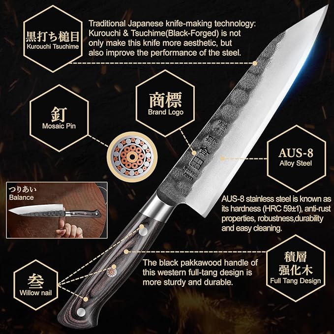 Chef Knife, Black Forged Japanese Kitchen Knife with High Carbon Stainless Steel and Full Tang Pakkawood Handle, Christmas Gift with Premium Box (8.27 Inch Kiritsuke Knife)