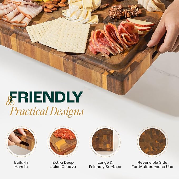 Yes4All Durable Acacia Wood Cutting Board for Kitchen, 24"x15"x1.5" Large End Grain Design, Pre-Oiled Thick Chopping Board with Juice Grooves and Easy Grip Handles, Ideal for Meal Prep and Serving