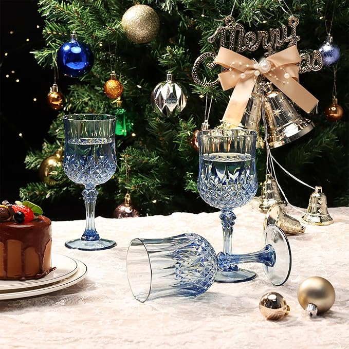 XUWAIDSGN 7oz Plastic Vintage Wine Glasses Drinking Glasses Unbreakable Wedding Glassware Crystal Water Goblets Reusable Drinkware Vintage Champagne Flutes(16, Blue)