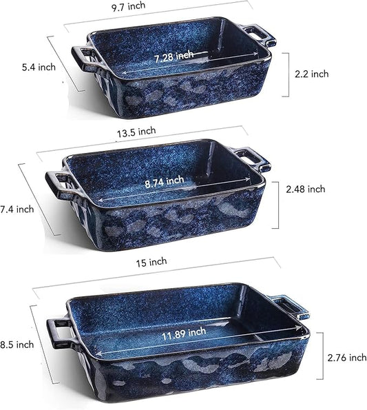 VICRAYS Ceramic Bakeware Set, Porcelain Rectangular Lasagna Pans Casserole Dish Set for Baking, Cooking, Kitchen, Cake Dinner, Banquet and Daily Use, 3 PCS, 15 x 8.5 Inches(Blue)