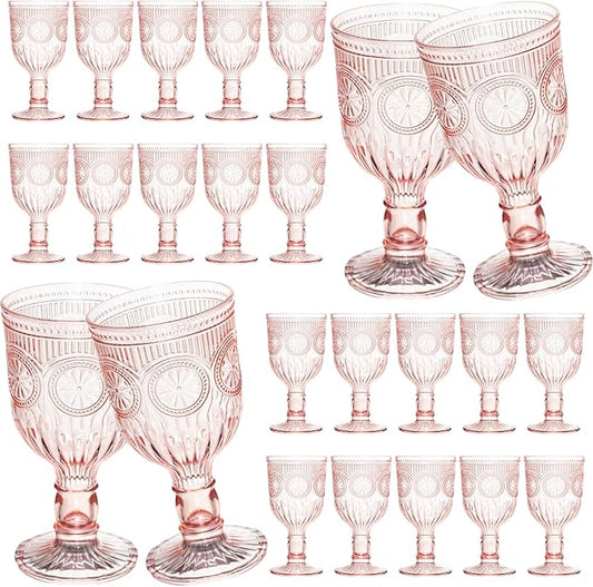 Pink 24 Pack Vintage Wine Glasses, Plastic Reusable 12 Ounce Colored Water Goblets, Unique Flower Embossed Pattern Unbreakable Stemmed Wine Glasses High Clear Wedding Party Bar Drinking Cups