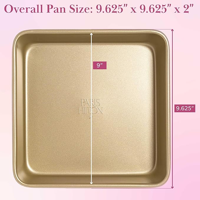 Paris Hilton Nonstick Carbon Steel Bakeware Collection, 9-Inch Square Cake Pan, Dishwasher Safe, Made without PFOA and PFAS, Pink Champagne Two-Tone