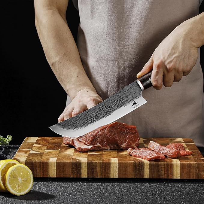 Professional 7.8-inch Chef Knife, High Carbon Stainless Steel Blade for Cutting Meat, with Leather Sheath Scabbard, Ash Wood Handle, Suitable for Kitchen, Outdoor Cooking, BBQ