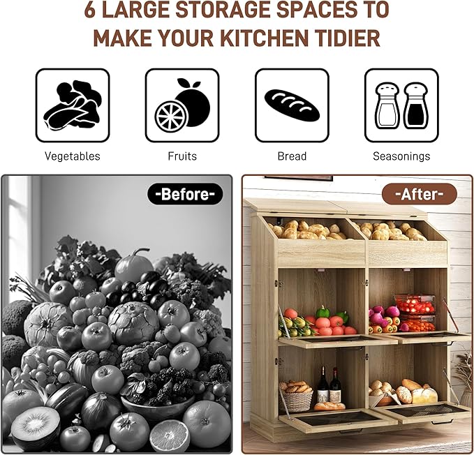 Large Wood Veggie Bin for Potato,Bread,Onion With 6 Large Storage Space. Root Vegetable Storage Box For Kitchen, Farmhouse Wood Potato Box With 4 Mesh Doors,32 * 12.4 * 36 INCH(OAK)