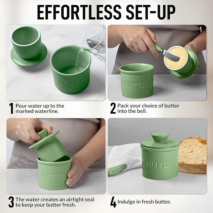Zulay Kitchen Porcelain Butter Crock With Lid & Knife - Authentic French Butter Dish For Fresh & Spreadable Butter - Olive Green