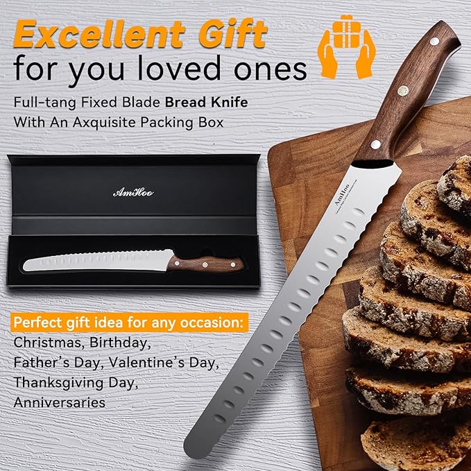 AmHoo Bread Knife 10-inch German High Carbon Stainless Steel Ultra Sharp Serrated Handle Walnut Wood for Homemade Bread Cake Christmas Gifts