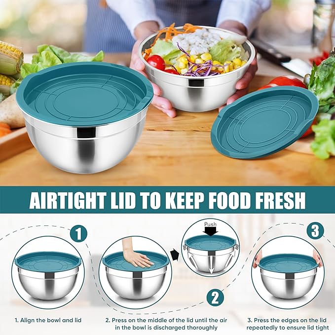 P&P CHEF Mixing Bowls with Airtight Lids Set of 5, 10-Piece Stainless Steel Mixing Nesting Bowl, Metal Bowl with Lid for Kitchen Prepping & Storing, Size 4.6, 3, 1.5, 1, 0.7 QT, Blue