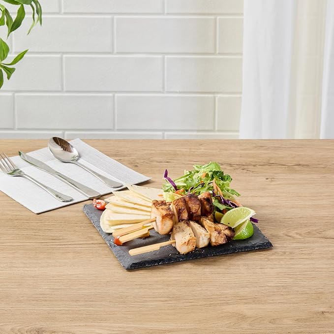 Restaurantware Slate Serving Tray 1 Pack of 8 x 8" Foam Feet Charcuterie Stone Plate Rustic Edges Freezable Black Square Serving Display Cheese Board for Kitchen, Gourmet, Dining, Parties