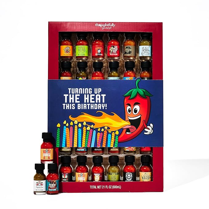 Thoughtfully Gourmet Birthday Hot Sauce Sampler Gift Set, 30-Pack with Flavors Like Garlic Herb & Apple Whiskey, Gift Wrapped for Birthdays