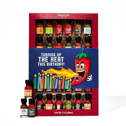 Thoughtfully Gourmet Birthday Hot Sauce Sampler Gift Set, 30-Pack with Flavors Like Garlic Herb & Apple Whiskey, Gift Wrapped for Birthdays