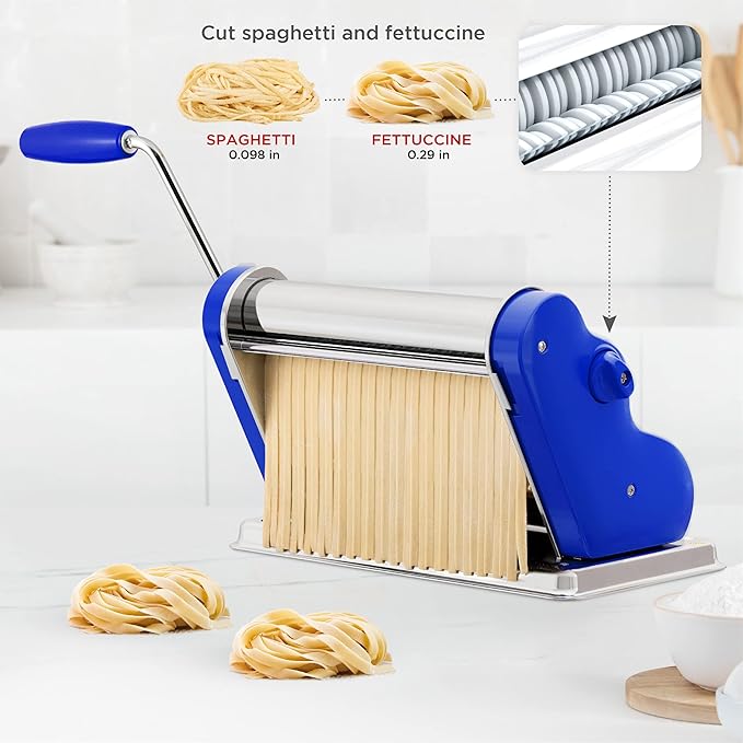 PASTALINDA Classic 260 Pasta Maker Machine, 26 cm Wide Rollers, 9 Thickness Positions, 2 Cutting Positions, Stainless Steel. Includes Reinforced Hand Crank And Two Clamps (Blue)