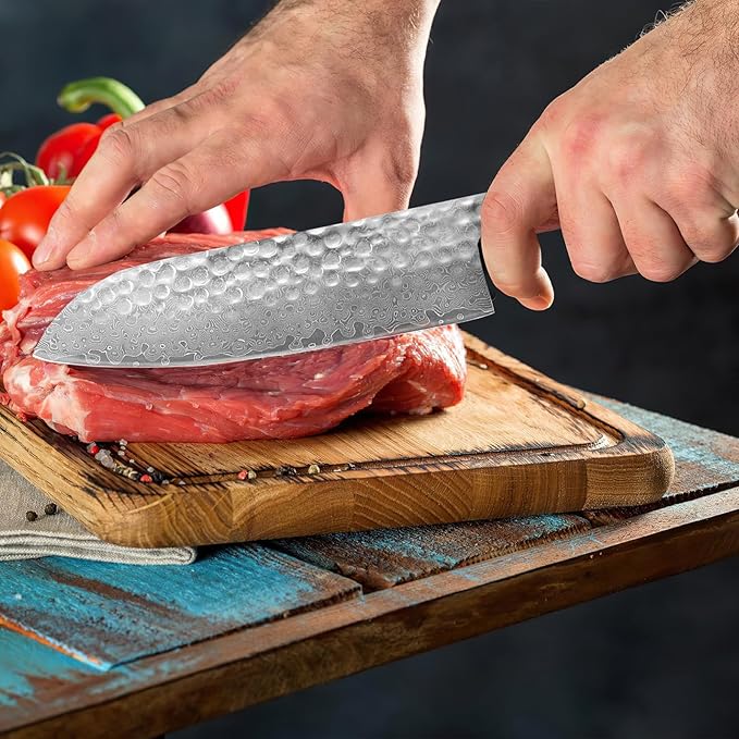 Professional 7 inch Japanese Santoku Chef Knife,67 Layers Damascus VG-10 Super Steel Cutting Core - Ultra Sharp Hammered Kitchen Knife