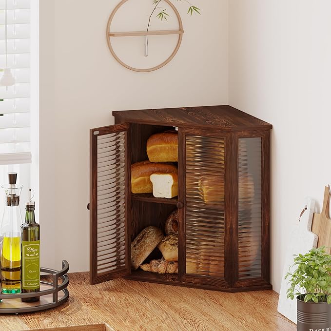 Corner bread box Bread Box for Kitchen Countertop - Corner Bread Storage Box 16.5" H, Premium Pine Wood with Glass Door, Perfect for Homemade Bread, Baguettes & Pastries (Brown)