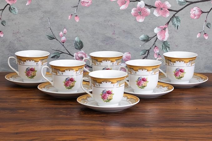 Vintage Rose Tea Set - 12 Piece Elegant White and Floral Design - 5.5 Inch Saucers, 6.5 oz Porcelain Cups - For Black Tea Or Cappuccino (Vintage Rose)