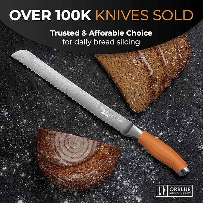 Orblue Serrated Bread Knife with 10-inch Upgraded Stainless Steel Razor Sharp Wavy Edge Width - Bread Cutter Ideal for Slicing Homemade Bagels and Cake, Orange