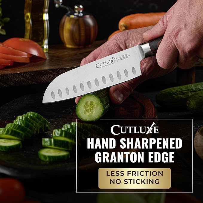 Cutluxe Santoku Knife – Ultra Sharp 5 Inch Vegetable Japanese Knife for Chopping, High Carbon Stainless Steel Blade, Full Tang Pakkawood Handle – Shinobi Series