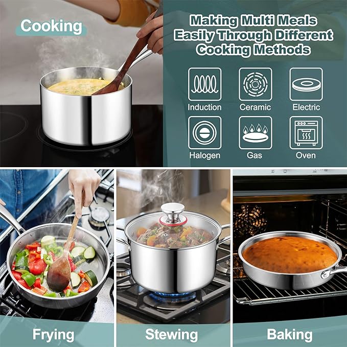 P&P CHEF 10 Pcs Pots and Pans Set, Stainless Steel Cookware Sets for Kitchen, Induction Cookware Non-toxic Kitchen Cooking Set w/Fry Pans, Saucepans, Stockpot, Saute Pan, Dishwasher Safe