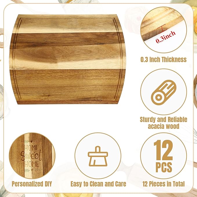 Patelai 12 Pack Large Cutting Boards Bulk Wooden Kitchen Chopping Boards for Crafts DIY Wedding Housewarming Gift(Acacia,14 x 11 Inch)