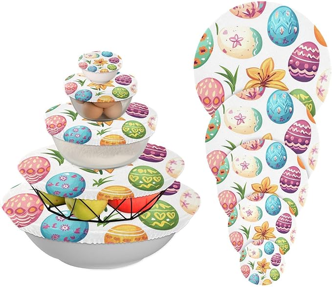 5 Pcs Bowl Covers Reusable in 5 Size Elastic Food Cover Cloth Lids Fresh Keeping Dish Cookware Bakeware Fabric Covers Lids for Food Leftovers Fruits Storage White Easter Eggs and Lilies