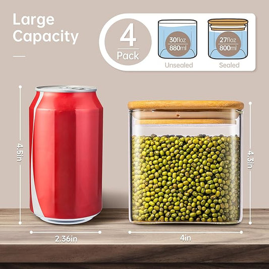 27oz - 4 Pack Square Glass Jars with Bamboo Lids, Glass Food Storage Containers with Airtight Lids for Kitchen, Air Tight Pantry Storage Containers for Cereal, Pasta, Rice, Sugar, Coffee, Spice
