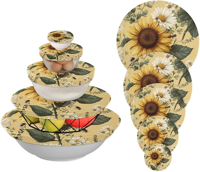 5 Pcs Bowl Covers Reusable in 5 Size Elastic Food Cover Cloth Lids Fresh Keeping Dish Cookware Bakeware Fabric Covers Lids for Food Leftovers Fruits Storage Yellow Sunflowers and Daisies