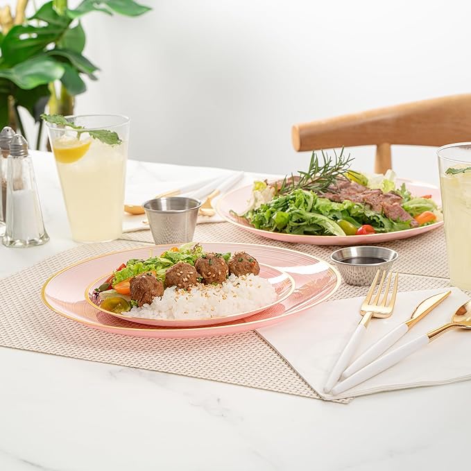 Restaurantware Plastic Plates 40 Pcs 7.13" and 10" Combo Gold Rimmed Plate Set Disposable Heavy-Duty Pink Translucent Rippled Plastic Dinner Servers for Party, Weddings, Salads, Desserts