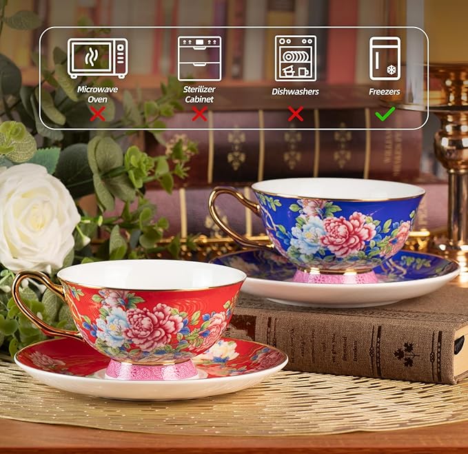 KAMMAK Porcelain Espresso Cups with Saucers, Ceramic Coffee Cups with Saucers Set of 2, 5.64oz Handcrafted Cappuccino Cups, Non-Toxic Durable Vintage Tea Cups Drinkware for Party, Home, Office, Gifts