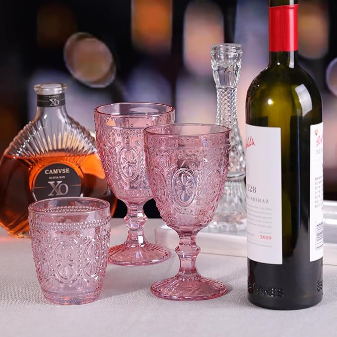 Pink Wine Glasses set of 4, Pink Goblets, Vintage Drinking Glassware, Colored Glassware Set for Party Home Wedding Baby Shower