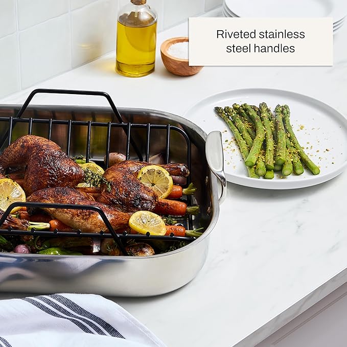 All-Clad Specialty Stainless Steel Roaster and Nonstick Rack 16x13x5 Inch Oven Broiler Safe 600F Roaster Pan, Pots and Pans, Bakeware, Turkey, Silver