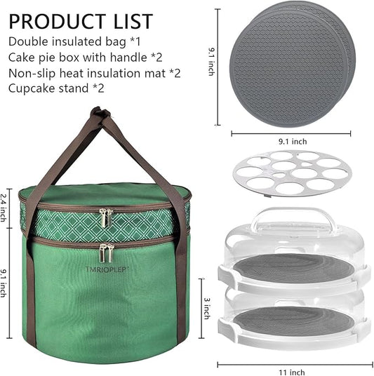 2 Pack Pie Carrier with Lids and Handles, Loadable Cupcake or Pizza Storage Containers, Includes Insulated Bags and Insulated Non-Slip Pads, Perfect for Transportation (Green)