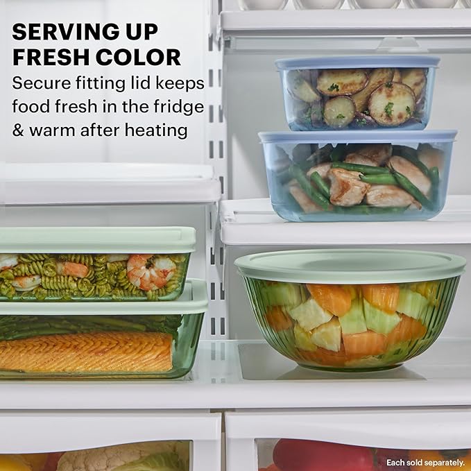 Pyrex Colors Tinted (3-Pack, Full Set) Sculpted Tinted Glass Mixing Bowls With Lids, Nesting Space Saving Set of Bowls For Prepping and Baking, 1.3QT, 2.3QT & 4.5Q